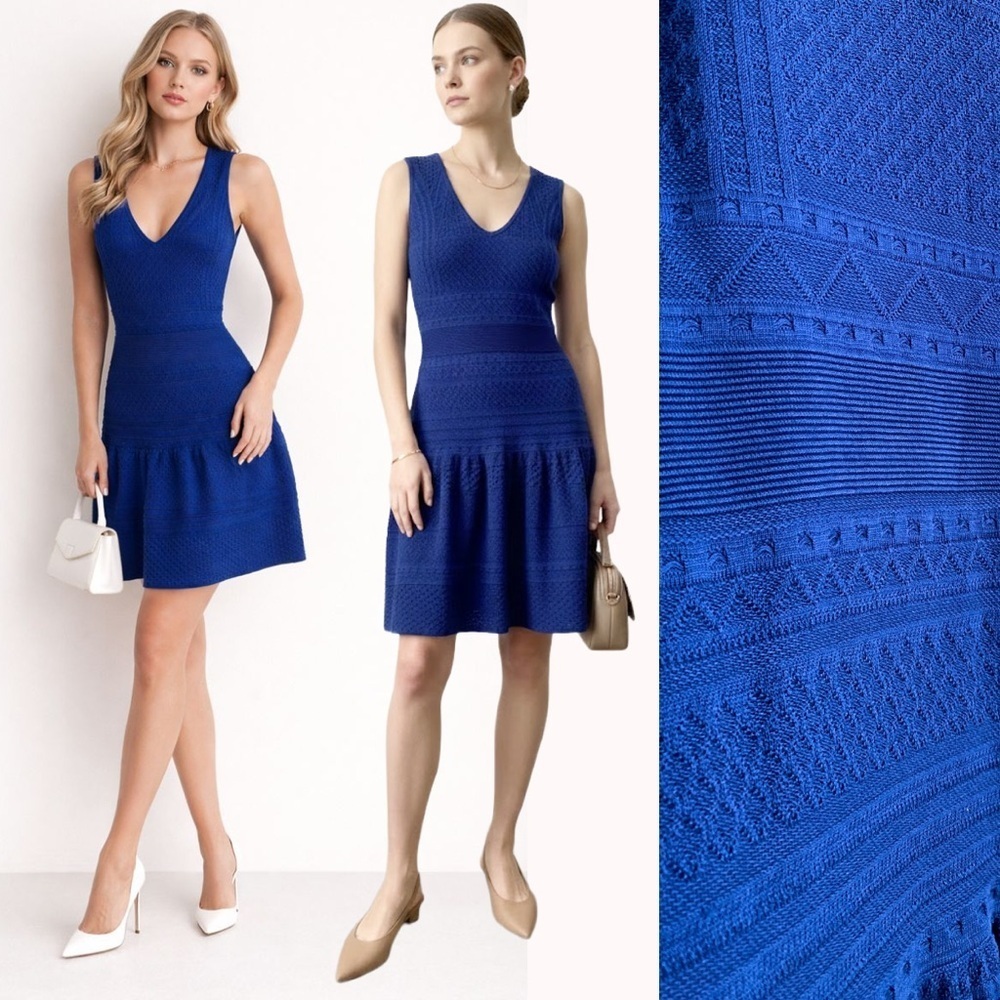 BCBGMaxAzria Royal Blue Silk Knit Sweater Dress Aline Feminine Cocktail Modern S